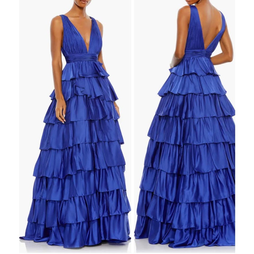 Mac Duggal Ruffle Tiered Pleated Sleeveless V Neck Gown 14 Cobalt Blue